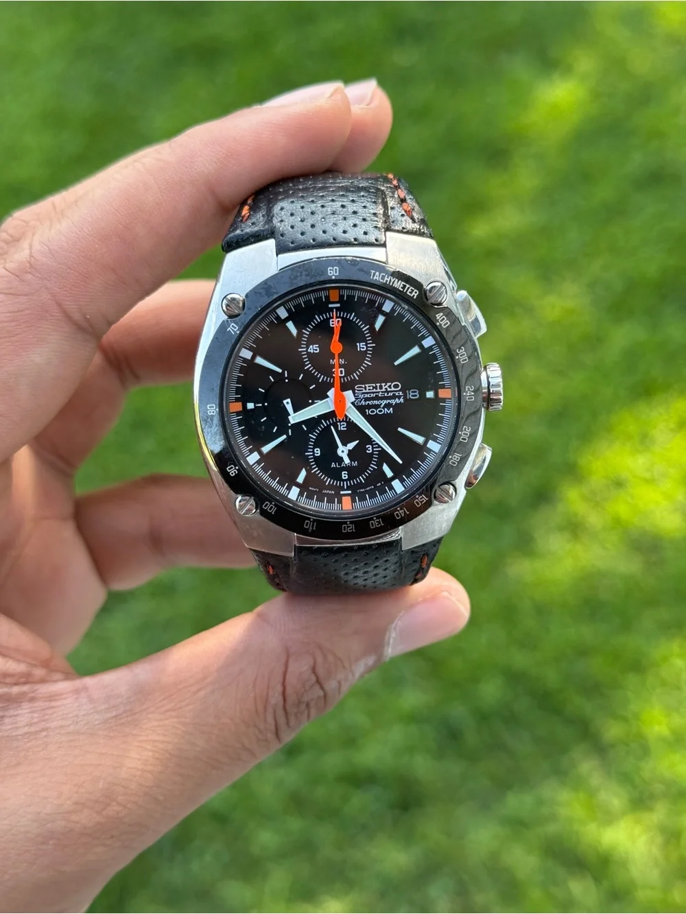 Seiko sportura Black Dial Men's Chronograph Watch with Orange Accents